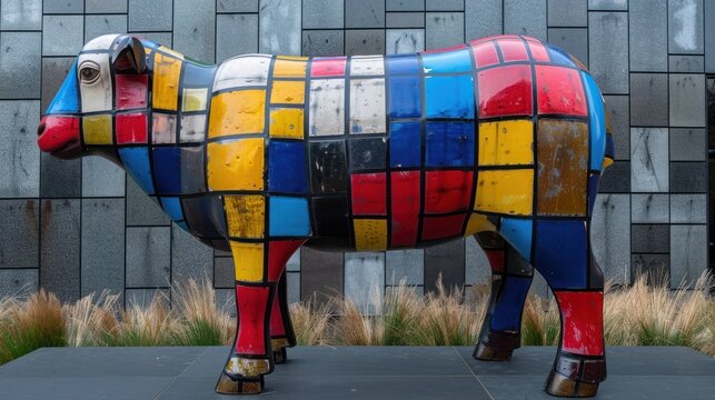 a sculpture of a cow made out of multicolored tiles on a sidewalk in front of a gray building.