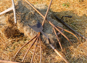 Old Farm wooden  Tools Used by Farmers to Move Straw and Hay