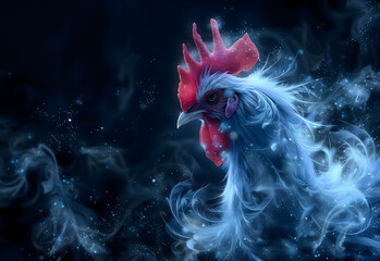 Majestic Blue Rooster Immersed in Ethereal Mist Against a Dark Background - obrazy, fototapety, plakaty