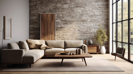 A modern living room with textured wall finishes featuring a tufted sofa, a shag rug, and a wooden end table