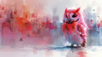 Foto auf Alu-Dibond a painting of a pink owl standing in front of a cityscape with lots of buildings in the background. © Sonya