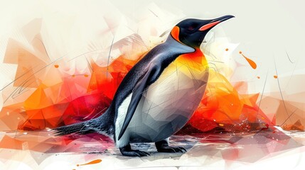 a painting of a penguin sitting on top of a body of water with a splash of paint all over it.