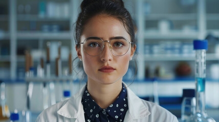 A female scientist conducting chemical research in a laboratory.