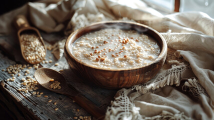 A bowl of organic oatmeal with milk.