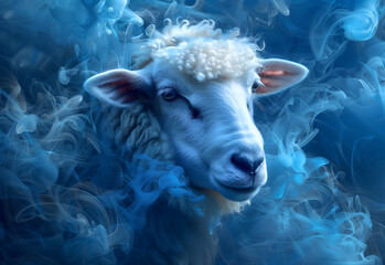 Serene Sheep Surrounded by Blue Mist Captured in Close-Up 