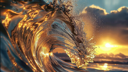 Waves in the sea, ocean with the background of sunset and clouds. Concept of summer, surf, surfing