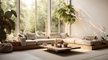 A modern living room with biophilic design featuring a cozy sofa, a natural wood coffee table, and lots of plants