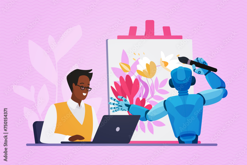 Poster Creation of visual content with AI, automation of digital art. Author sitting at laptop using artificial intelligence, robot painting picture with brush and paints cartoon vector illustration