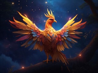 "Aurora Wings Unveiled: Procreate Renders a Brilliant Phoenix Against the Night Sky, Perched on a Moonlit Branch in a Enchanting Forest, Bathed in Blue Yellow Hues, an AI Artistry Marvel"