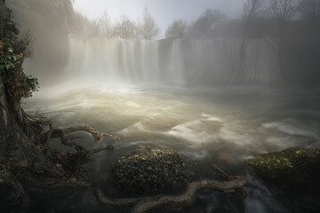 Cold and rainy winter morning at the El Peñon waterfall, in Pedrosa de Tobalina, Burgos, wrapped...