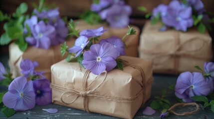 a gift wrapped in brown paper and tied with twine with purple flowers on the side of the wrapping paper.