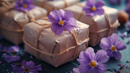 Obraz na płótnie Canvas a group of chocolates wrapped in brown paper and tied with twine with purple flowers on top of them.