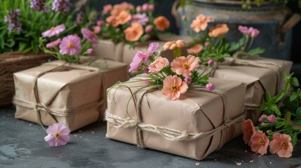 Obraz na płótnie Canvas a group of wrapped presents sitting on top of a table next to a basket filled with pink and orange flowers.