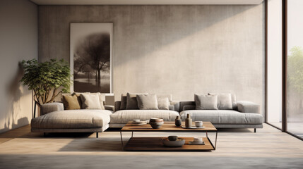 A modern living room with a grey velvet sofa, white walls, and a minimalistic glass and metal coffee table