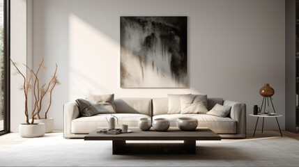 A modern living room with a grey velvet sofa, white walls, and a minimalistic glass and metal coffee table