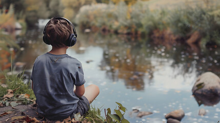 A dreamy image of a boy sitting on a riverbank, looking at the reflections in the water, headphones on, underscoring his sense of solitude


