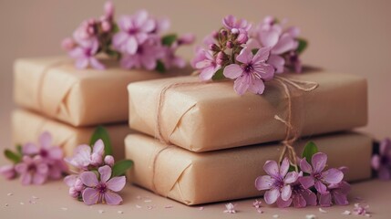 Obraz na płótnie Canvas a group of soap bars wrapped in brown paper and tied with a string with purple flowers on top of them.