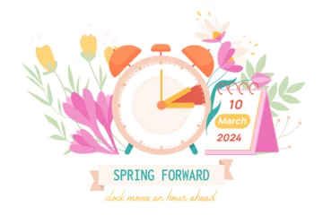 Foto auf Alu-Dibond Spring Forward 2024. Daylight saving time information banner reminder with flowers to change schedule and move clock hand 1 hour to summer time, calendar with date March 10 cartoon vector illustration © lembergvector