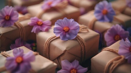 a close up of a bunch of wrapped presents with purple flowers on the top of each of the wrapped presents.