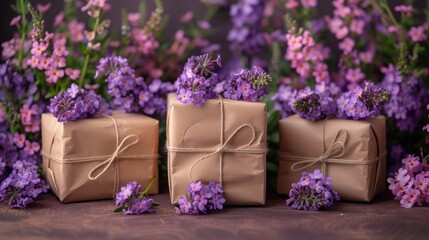 a couple of wrapped presents sitting on top of a table with purple flowers in front of a bunch of purple flowers. - obrazy, fototapety, plakaty