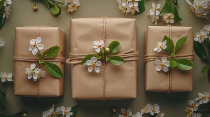 a group of wrapped presents sitting next to each other on top of a table with flowers and leaves on them.