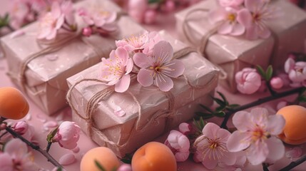 a group of wrapped presents sitting on top of a table next to pink flowers and oranges on a table.
