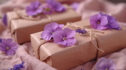 a close up of two wrapped presents with purple flowers on a pink cloth with twine of twine and twine of twine.