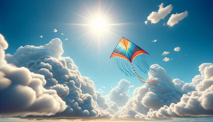 Colorful kite flying in a bright sunny sky with fluffy clouds