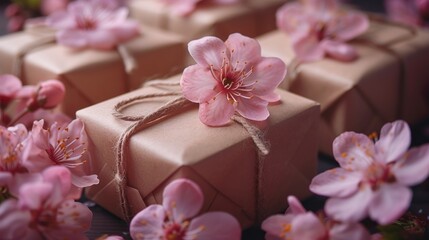 a close up of a present box with pink flowers on the top of it and a ribbon tied around it.