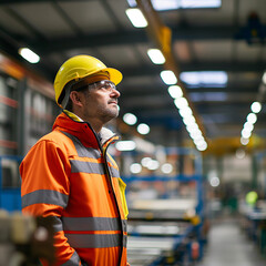 Industrial engineer in high visibility jacket and safety helmet standing confidently overseeing operations in a busy manufacturing plant with machinery

