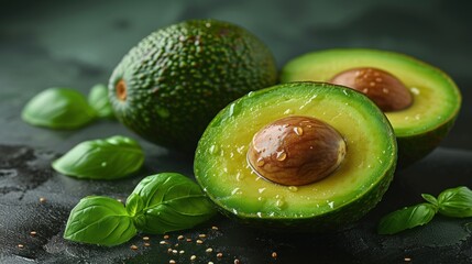 a couple of avocados sitting on top of a table next to a leafy green leafy plant.