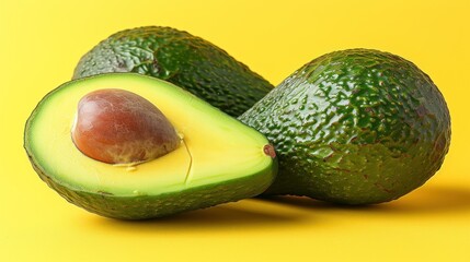 two avocados on a yellow background with one cut in half and the other half in the shape of an avocado.