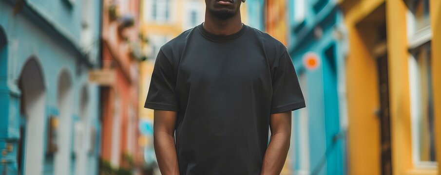 Fototapeta Mockup of a streetwear brand showcased by a model in a blank black tee. Concept Fashion Photography, Street Style, Blank T-Shirt Mockup, Urban Background, Brand Promotion