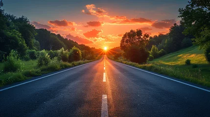 Foto op Plexiglas beautiful sun rising sky with asphalt highways road in rural scene use land transport and traveling background,backdrop © Muhammad