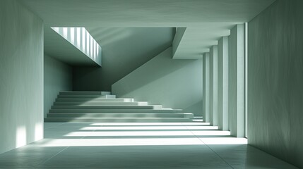 Fototapeta premium a set of stairs leading up to the top of a set of stairs in a room with light coming in from the ceiling.