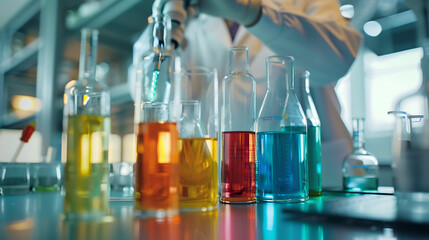 Um cientista em laboratório trabalhando com tubos de ensaio e béqueres cheios de líquidos...