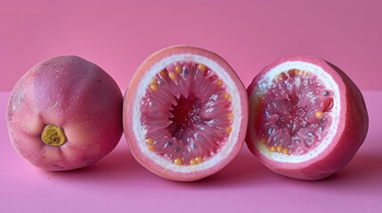 a close up of a grapefruit cut in half on a pink surface with the letter b in the background.