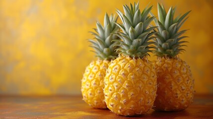 a group of pineapples sitting on top of a wooden table next to each other on a yellow background.