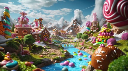 A whimsical and colorful candy village with houses made of confectionery delights and a river flowing with liquid sweetness. Resplendent. - obrazy, fototapety, plakaty