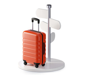3d icon of red suitcase with signpost, road sign on grey background. Tourism, travel concept. 3d rendered illustration