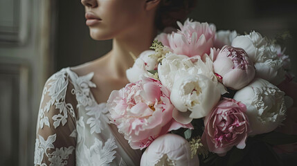 A bouquet of pink peonies in the hands of a gentle bride