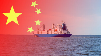 cargo ship container ship on PRC flag, China transport ship, concept of importing cargo from China...
