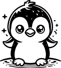 Cute baby penguin black outline cartoon vector illustration. Coloring book for kids.