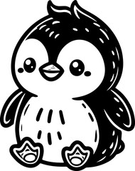 Cute baby penguin black outline cartoon vector illustration. Coloring book for kids.