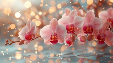 a close up of a pink flower on a branch with blurry lights in the background and a blurry image in the foreground.
