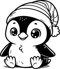 Obraz premium Cute baby penguin black outline cartoon vector illustration. Coloring book for kids.