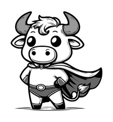 cartoon character of bull super hero - black and white (artwork 1)