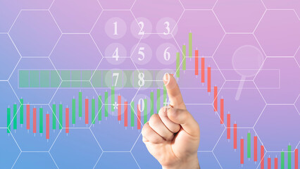 Virtual Display and Number Input on Virtual Keyboard, Stock Market Chart on Virtual Display Business Concept of Future.