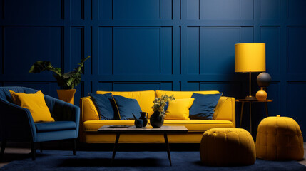 A modern living room with a captivating contrast of navy blue and bright yellow