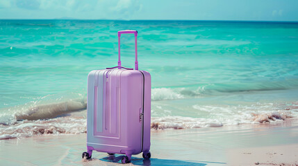 Travel concept with purple suitcase on the shore of the turquoise ocean